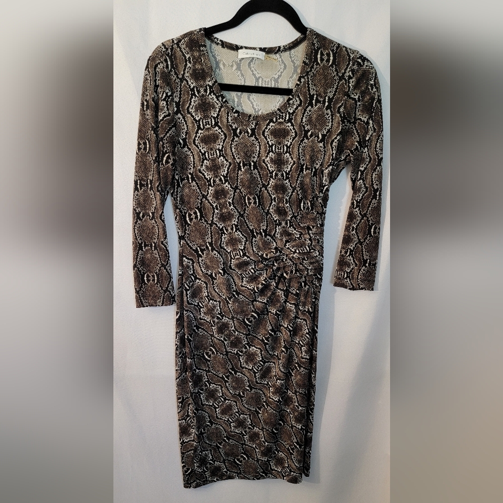 Calvin Klein Ruched Black and Brown Snakeskin Dress Size 2